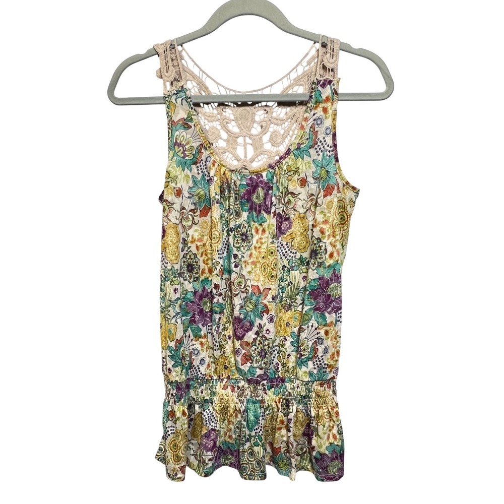 Forever 21 Floral Paisley Crochet Lace Back Smocked Peplum Tank Y2K Top Small S